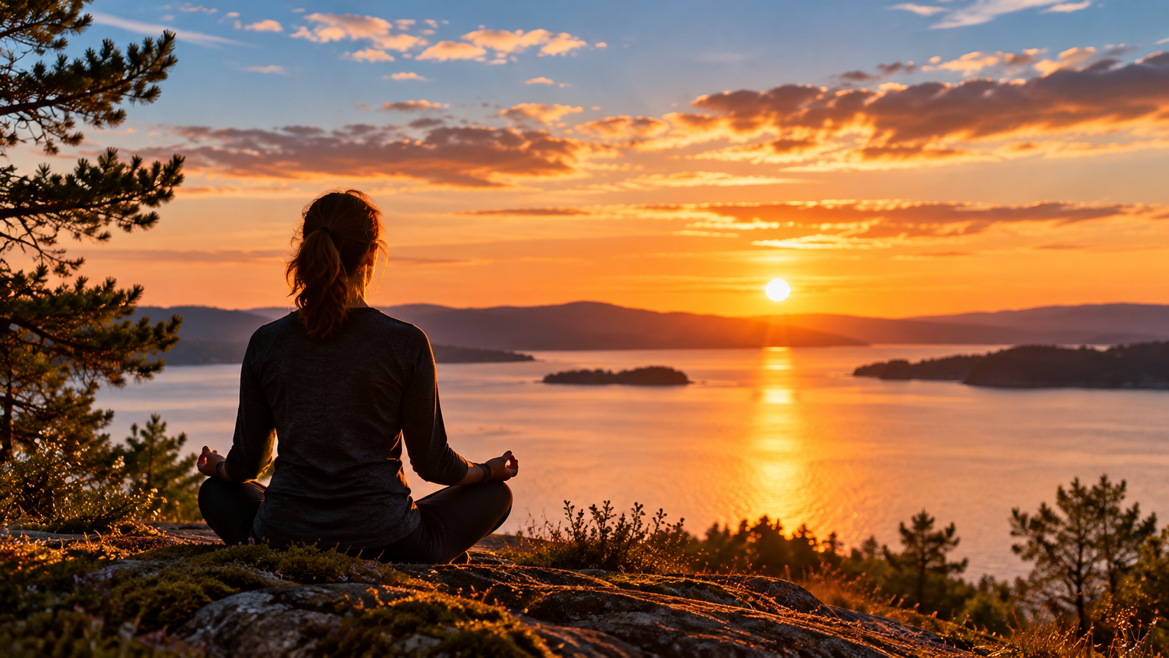 Meditasjon ved fjorden i solnedgang 1 